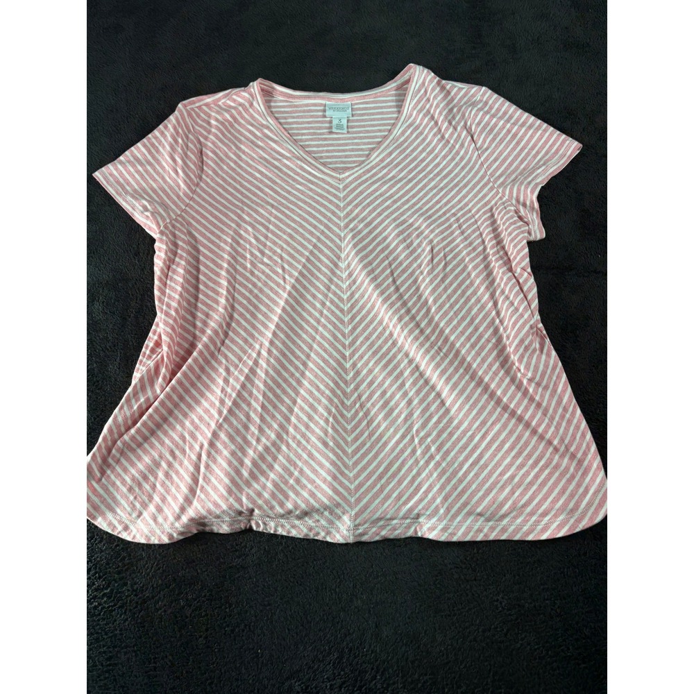 Weekends by Chico's Striped V-Neck Top Women's Size 3 Pink‎ White Short Sleeve